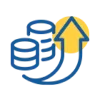 two stacks of coins next to an upward arrow